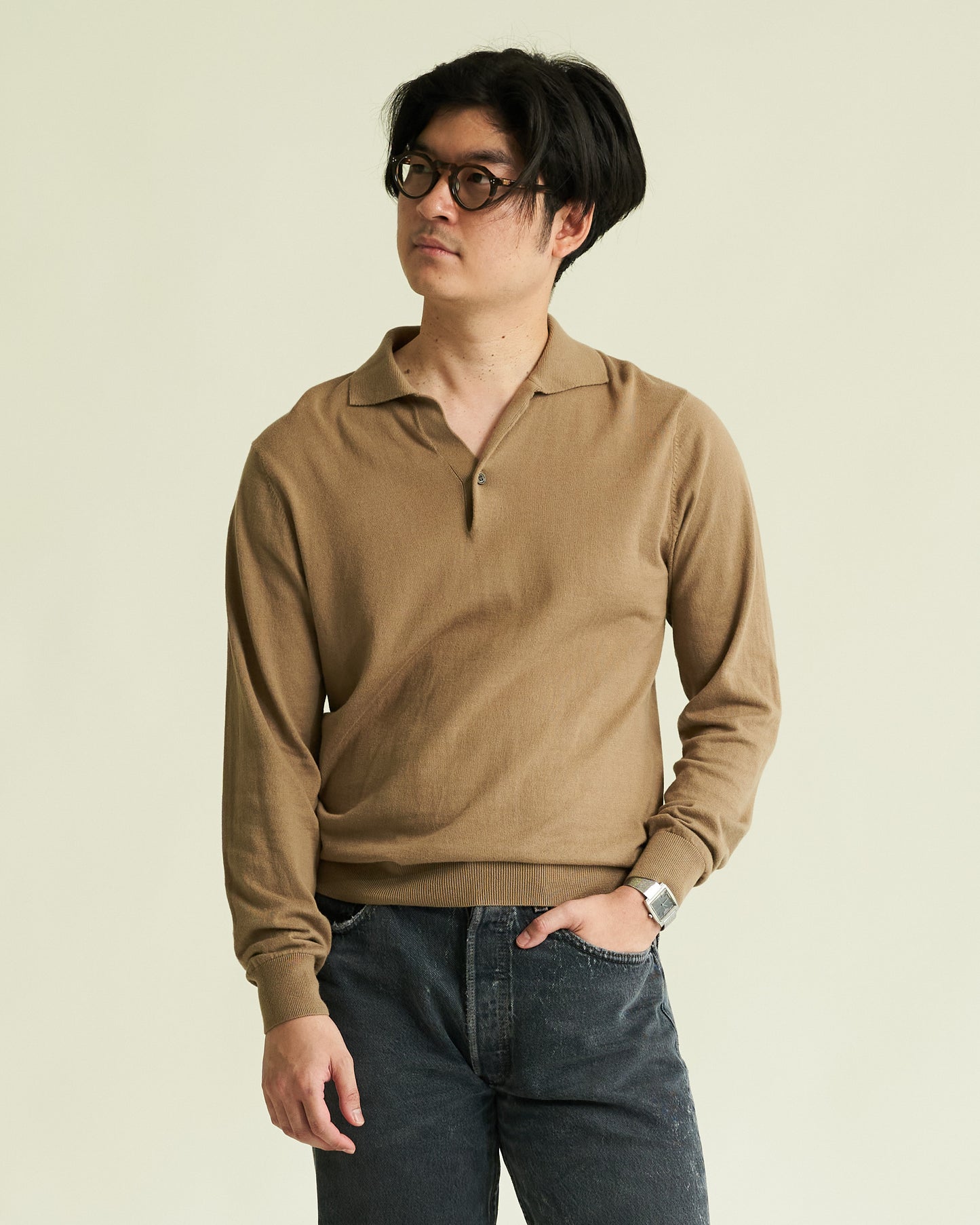 Officiel Beau for CHEZ Diplomate Open-Collar Knitted Polo Shirt in Taupe