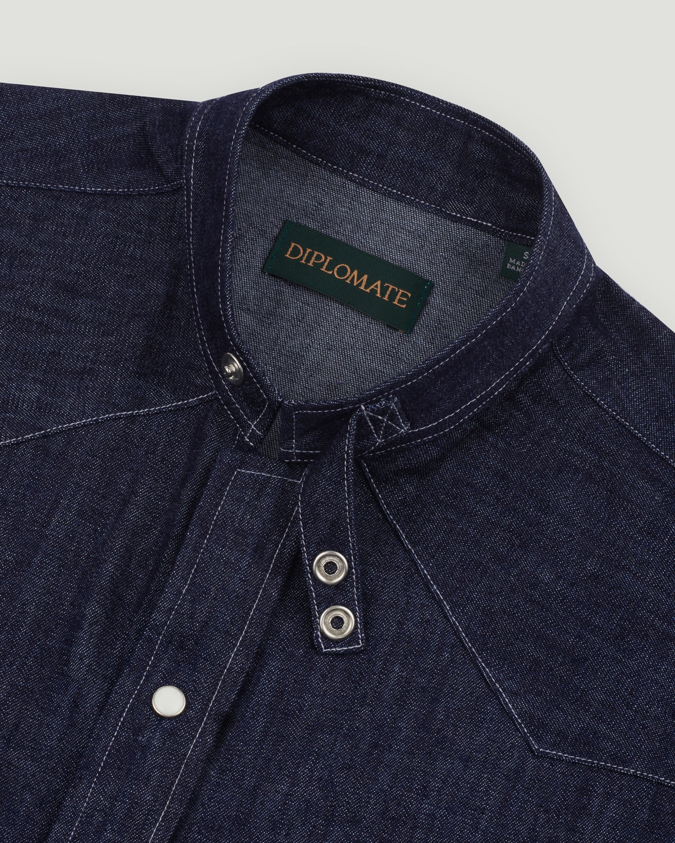 Band Collar Slanted Pocket Westerner Washed Denim Shirt