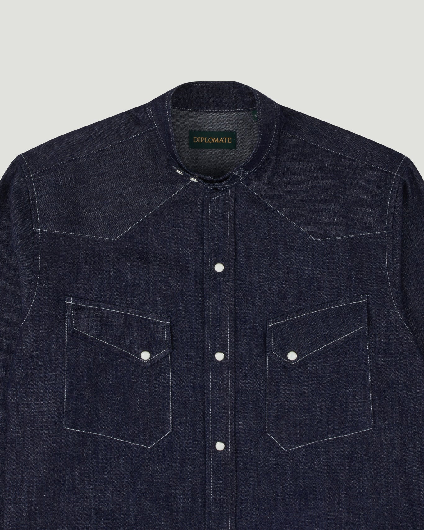 Band Collar Slanted Pocket Westerner Washed Denim Shirt