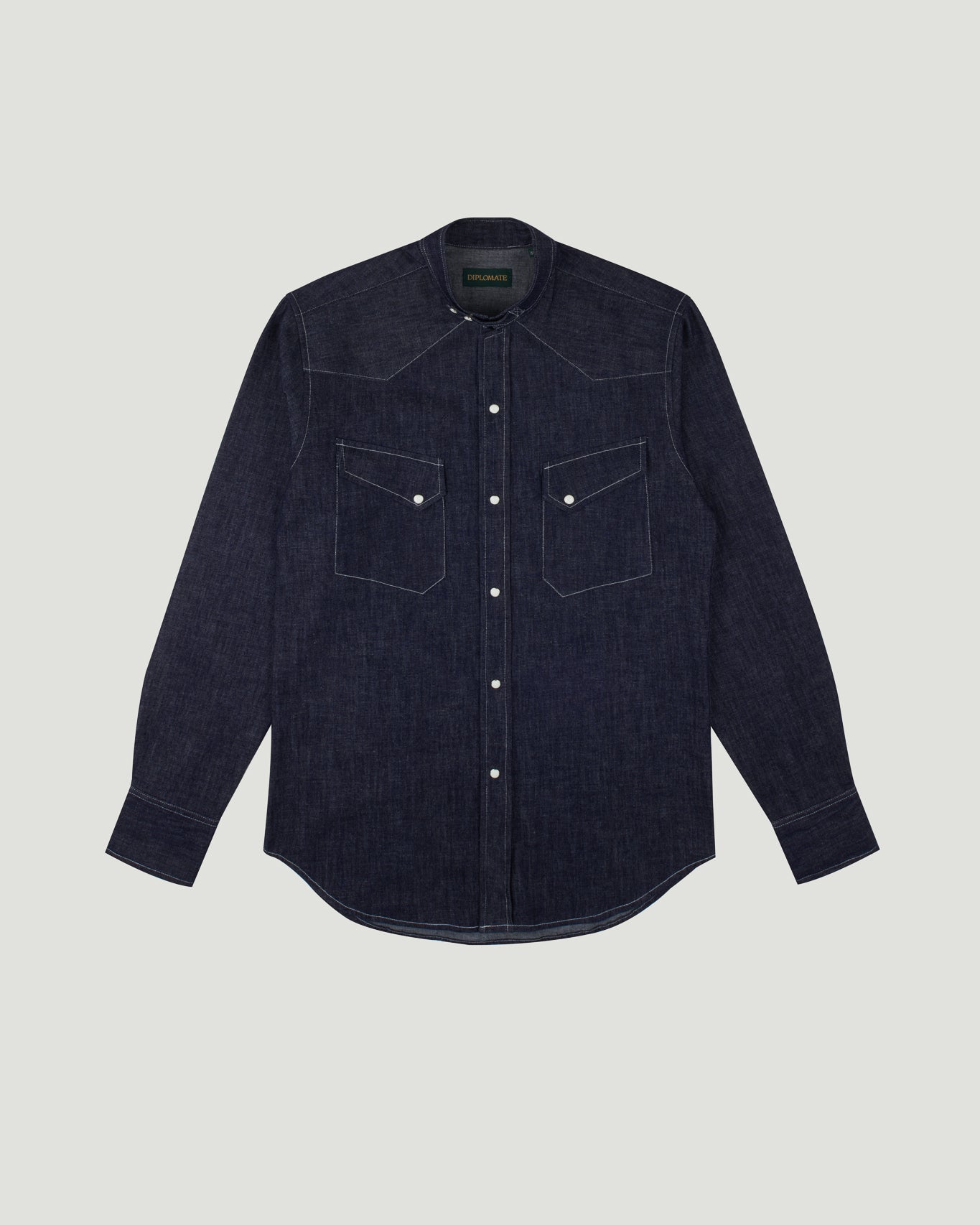 Band Collar Slanted Pocket Westerner Washed Denim Shirt