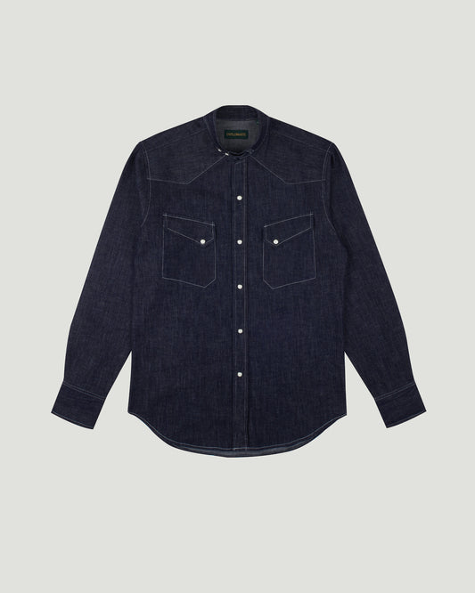 Band Collar Slanted Pocket Westerner Washed Denim Shirt