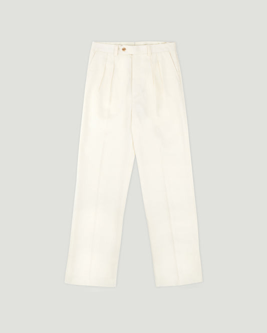 Ivory Linen Cotton Double Forward Pleated Trousers