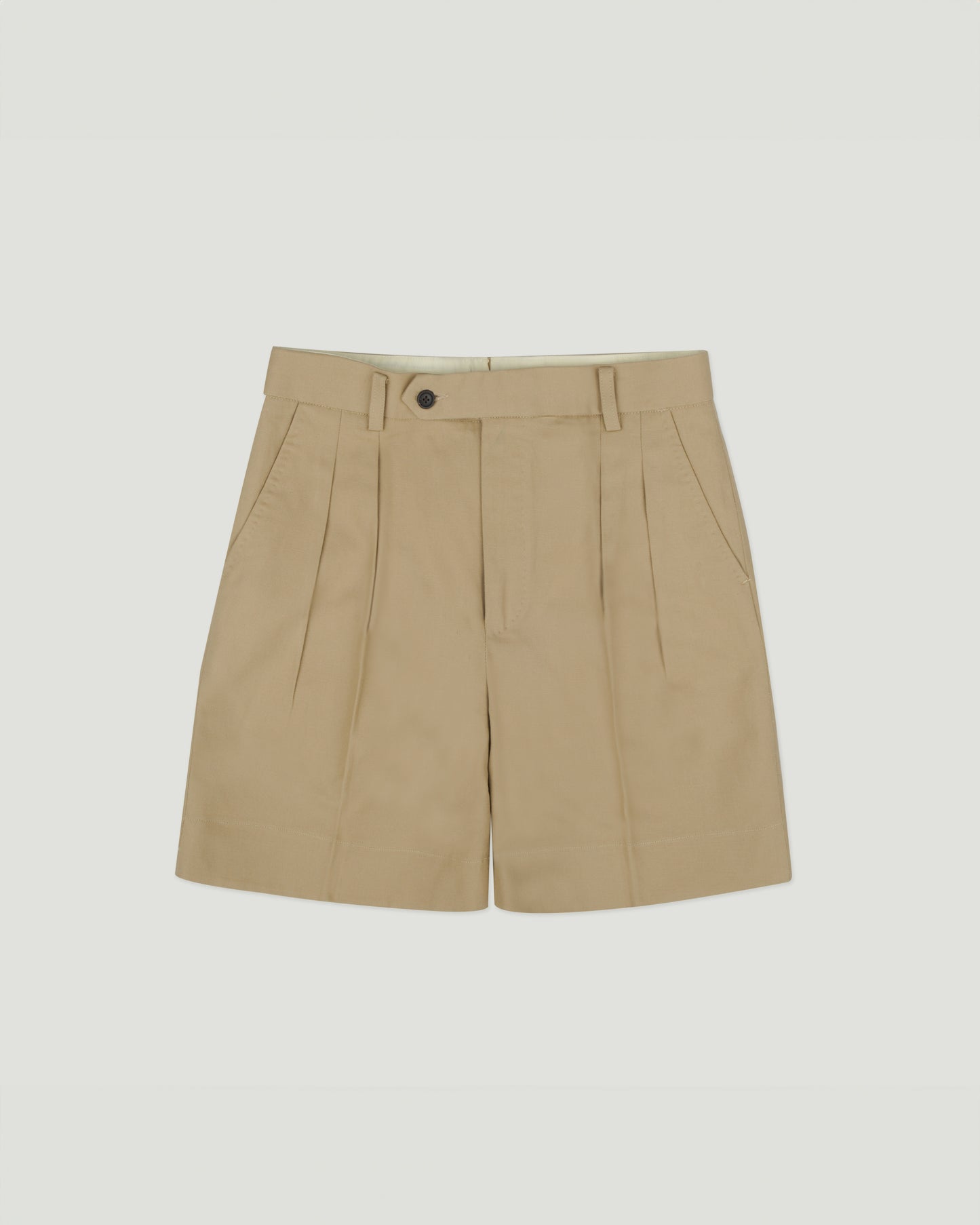 Beige Cotton-Linen Double Forward Pleated Shorts