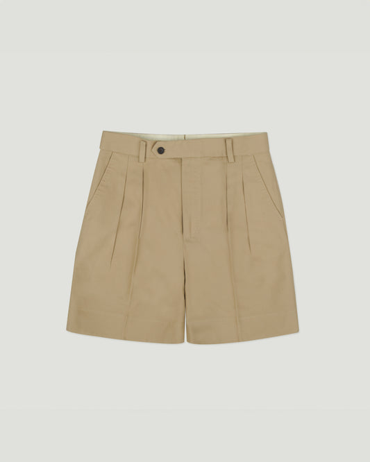 Beige Cotton-Linen Double Forward Pleated Shorts