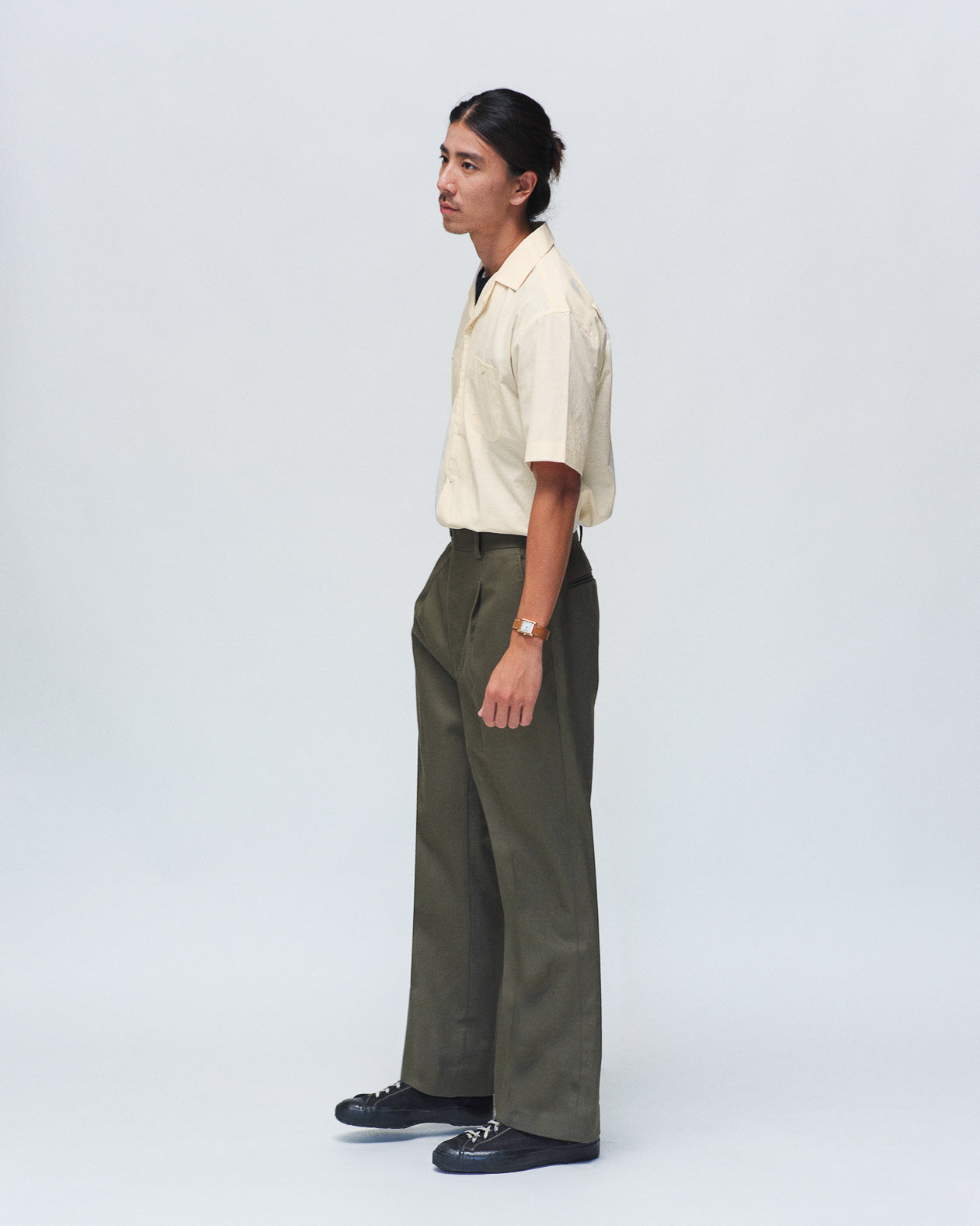 Olive Green Heavy Cotton Twill Single Pleated Trousers