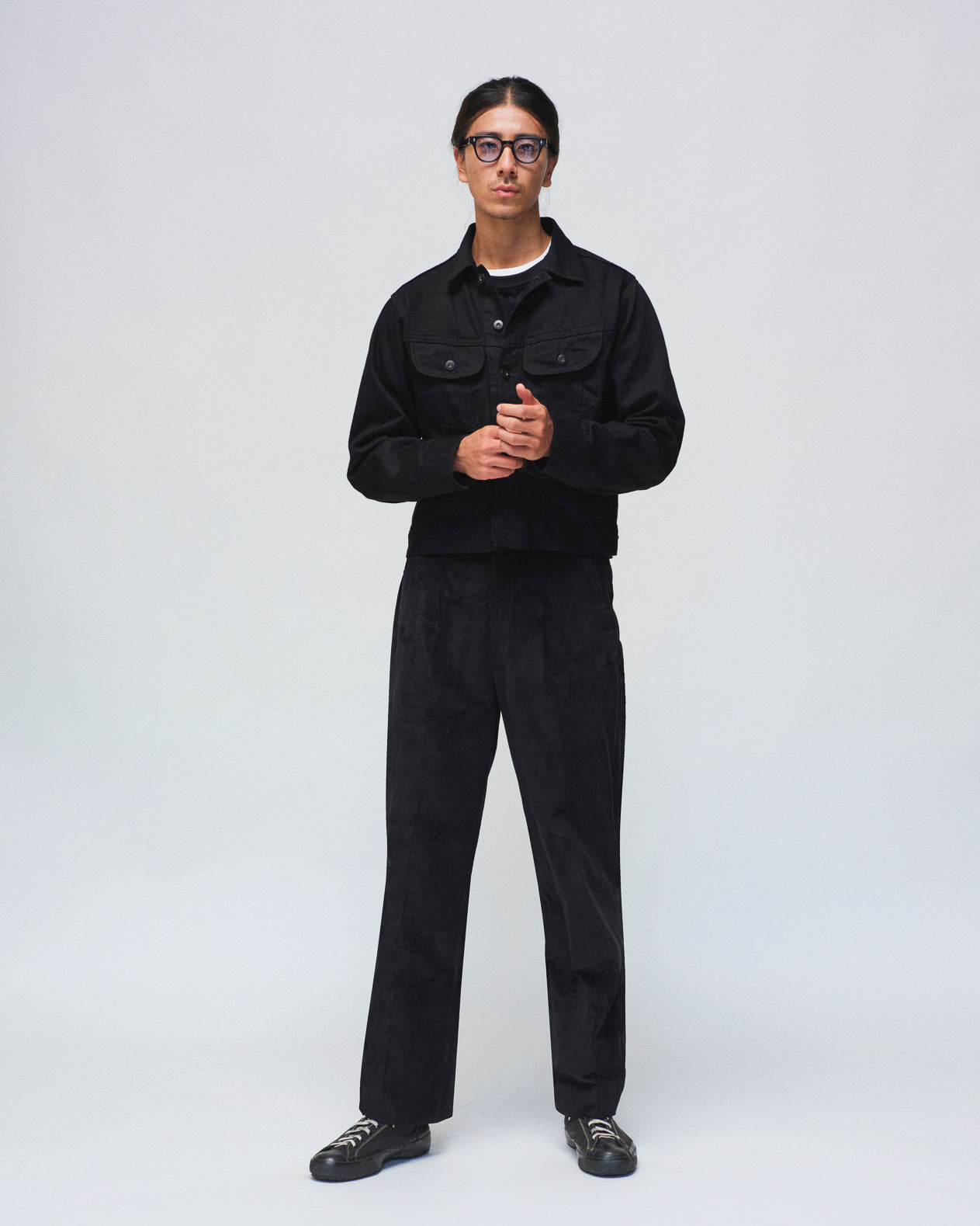 Black Cotton Corduroy Single Pleated Trousers