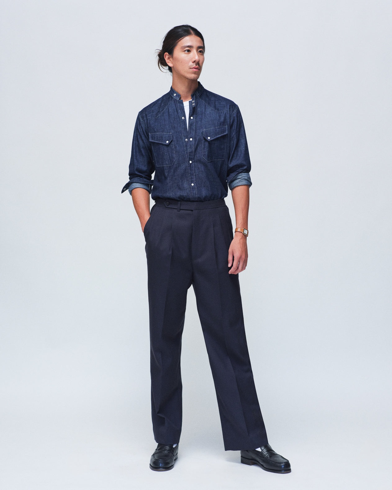 Band Collar Slanted Pocket Westerner Washed Denim Shirt