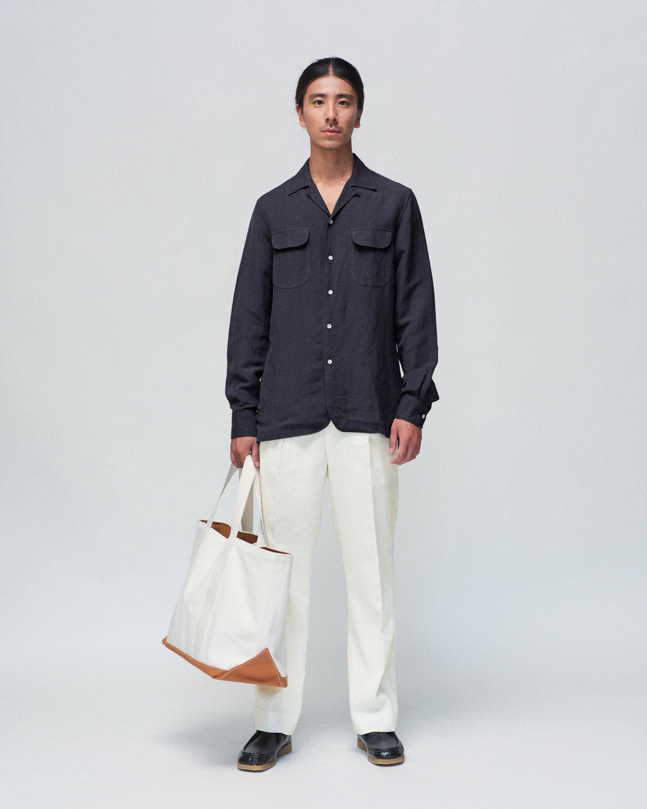 Gray Rayon Linen Open Collar L/S Shirt