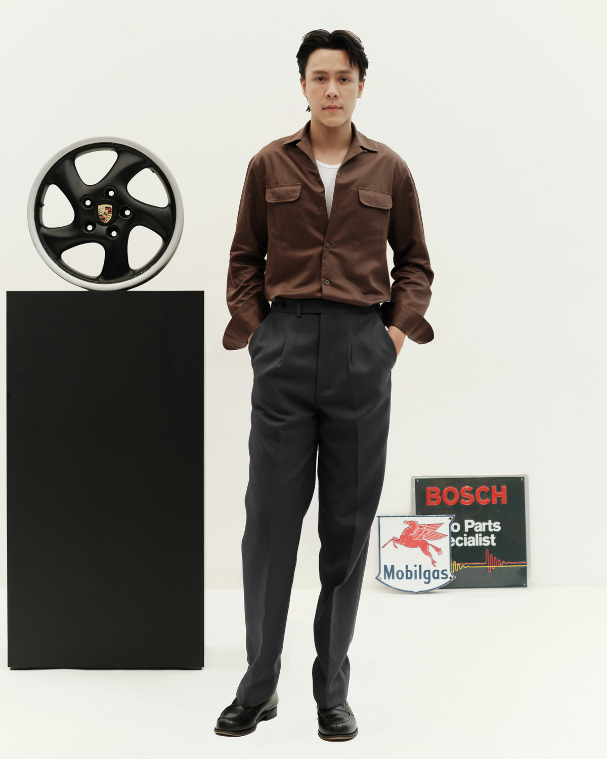 DIPLOMATE Brown Opened-Collar Cotton Pique Shirt