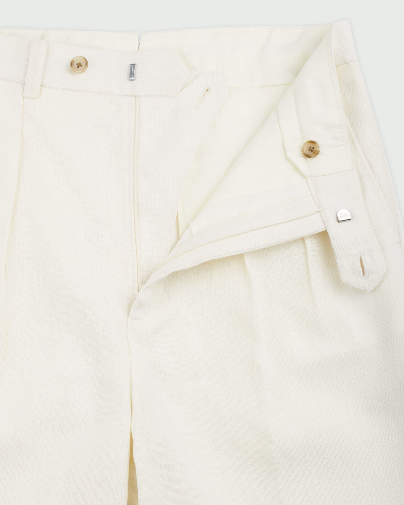 Ivory Linen Cotton Double Forward Pleated Trousers
